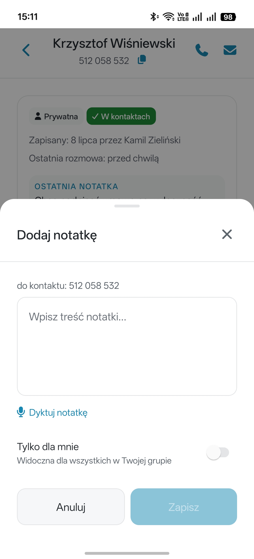 Dyktowanie notatki głosem w aplikacji Nbot Monitor