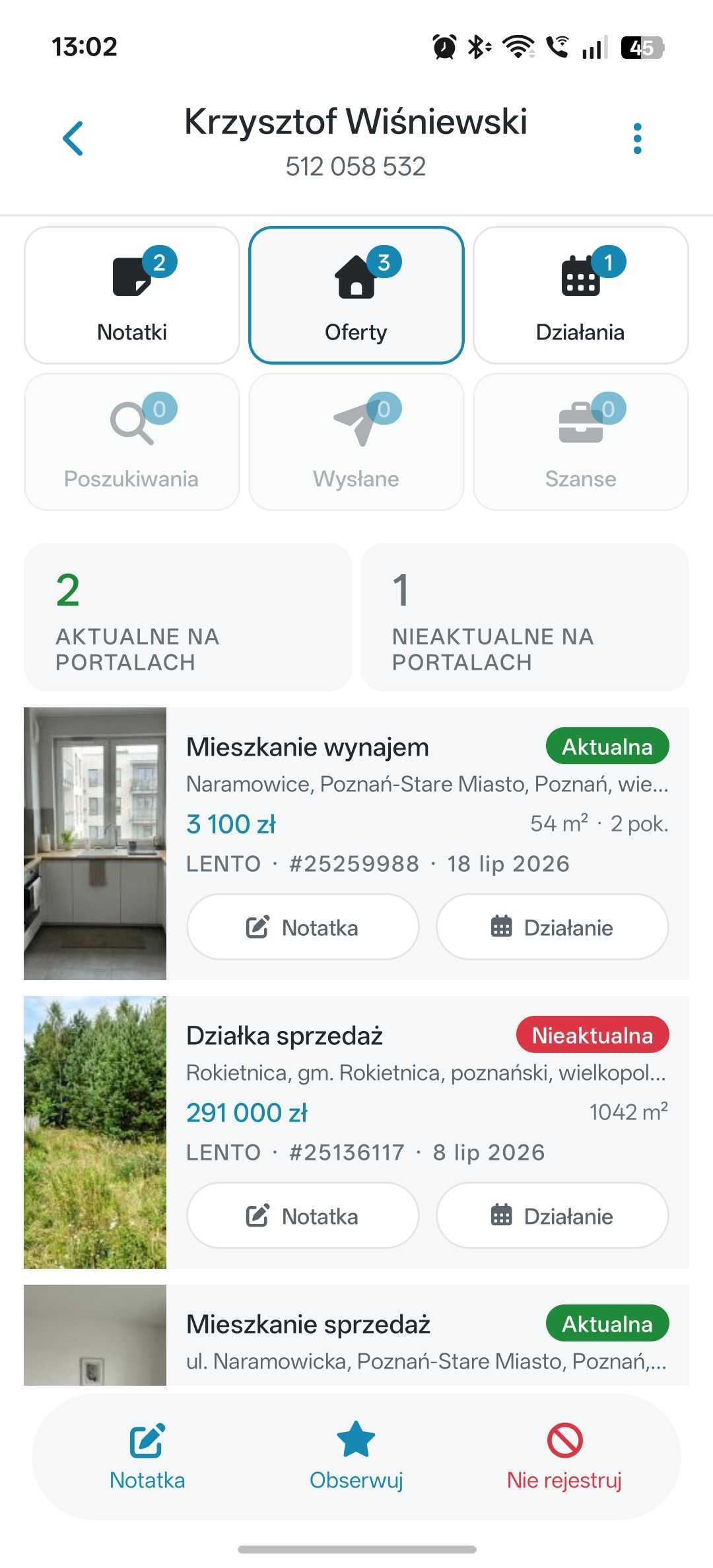 Oferty dzwoniącego z portali nieruchomości w aplikacji Nbot Monitor
