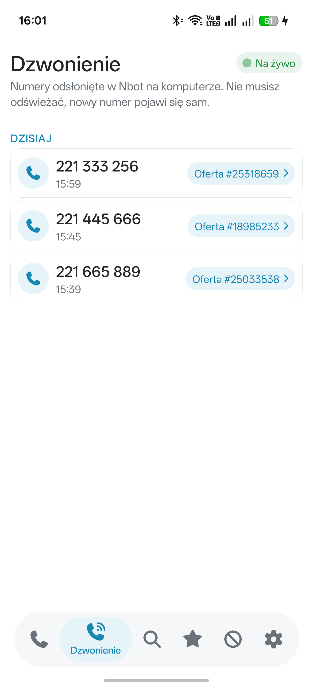 Zakładka Dzwonienie z numerami przesłanymi z komputera na żywo w aplikacji Nbot Monitor
