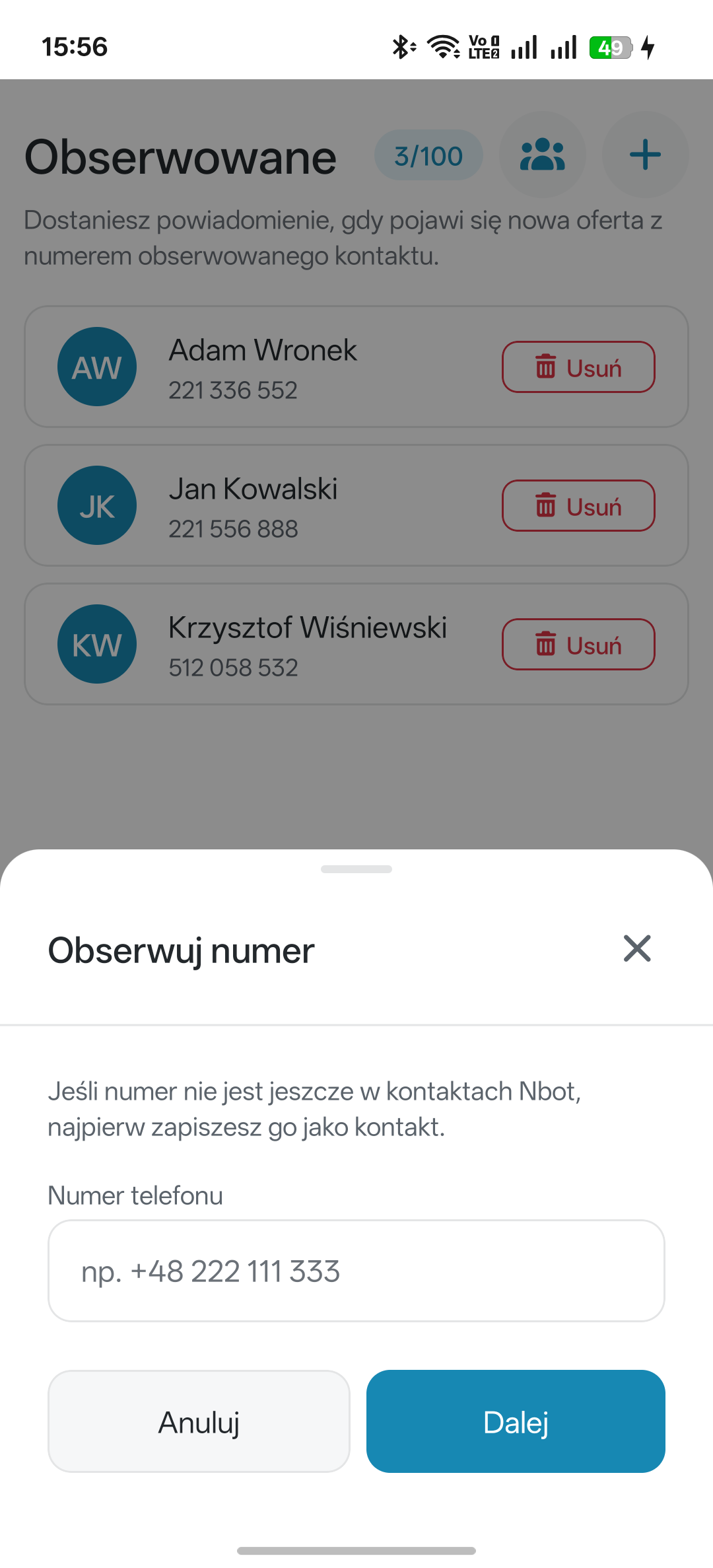 Lista obserwowanych kontaktów z powiadomieniami o nowych ofertach w aplikacji Nbot Monitor