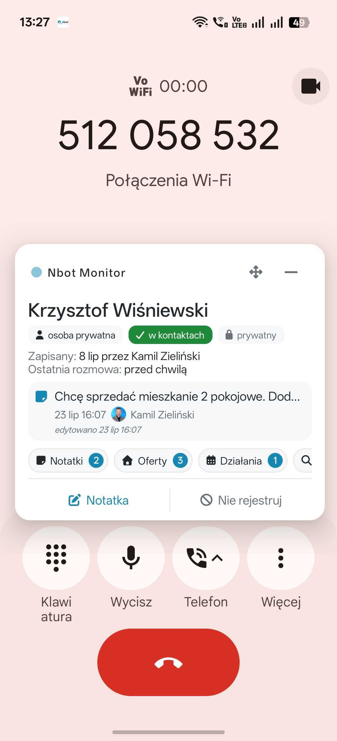 Widżet Nbot Monitor z danymi dzwoniącego podczas połączenia przychodzącego